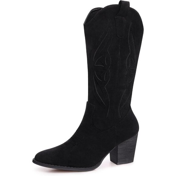 Shoes - Women 1828-black Suede leather Embroidered Country Heel Pointed Toe Booties